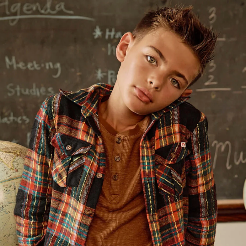 Young boy wearing a plaid shirt in front of a chalkboard with writing on it.