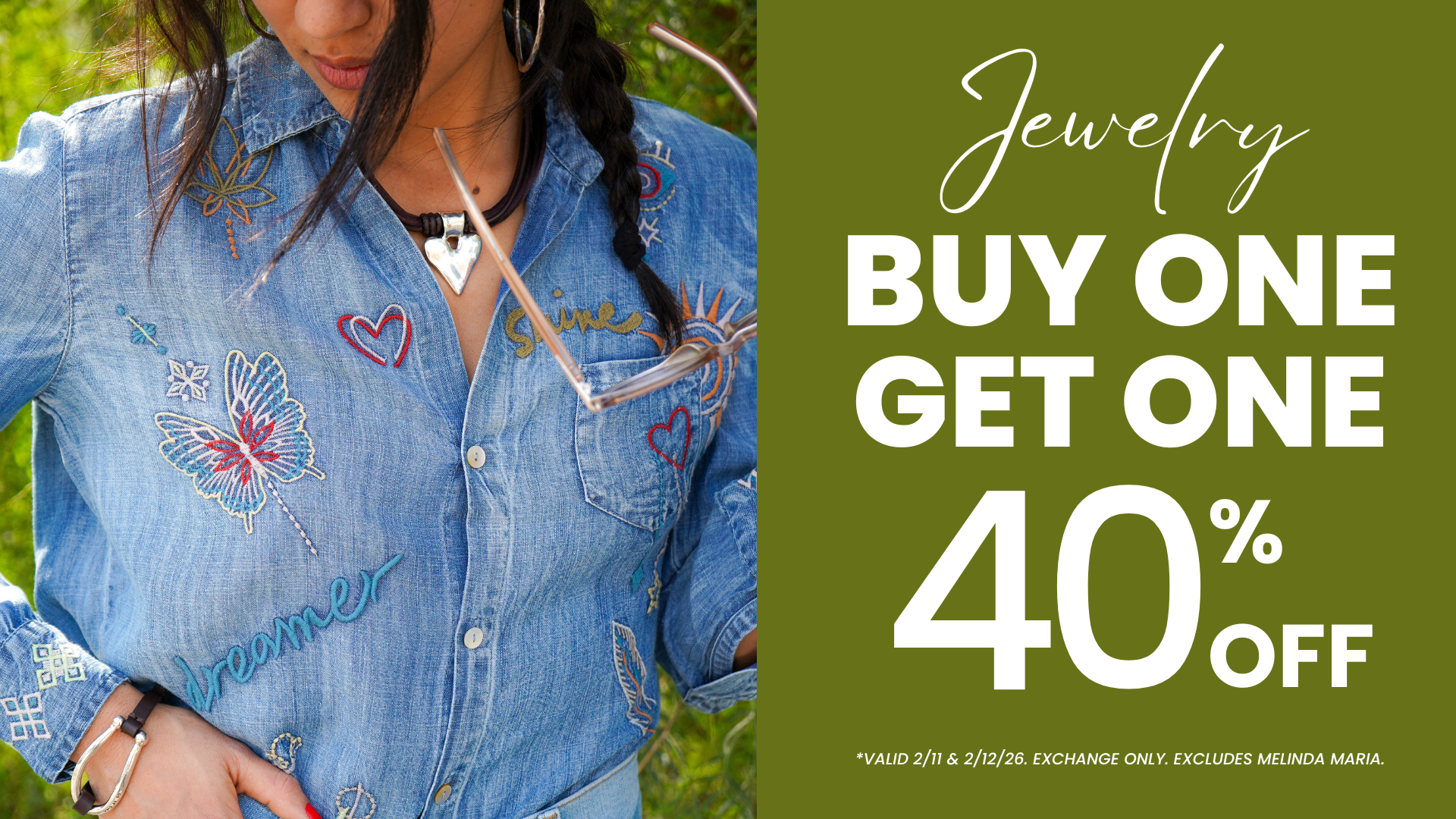 Person wearing a denim jacket with jewelry, promotional text for buy one get one 40% off on the right.