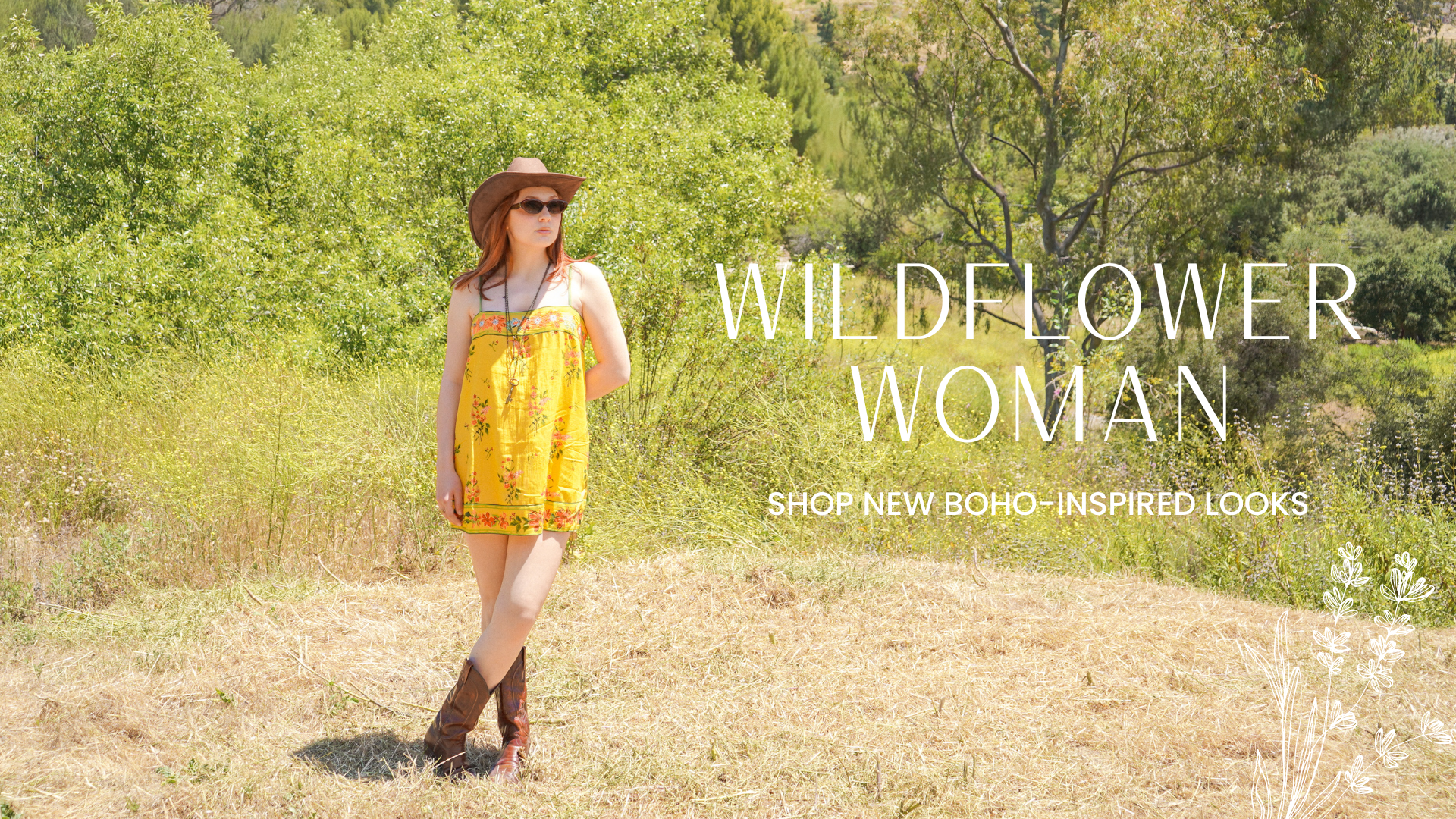 Woman in a yellow dress and hat standing in a field with 'Wildflower Woman' text overlay.