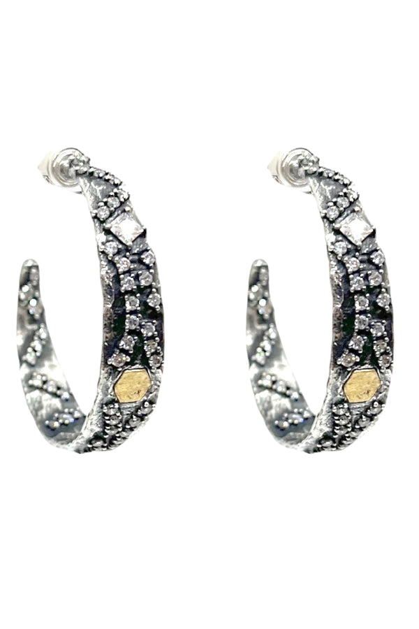 Vintage silver hoop earrings with textured pattern and dark inset stones