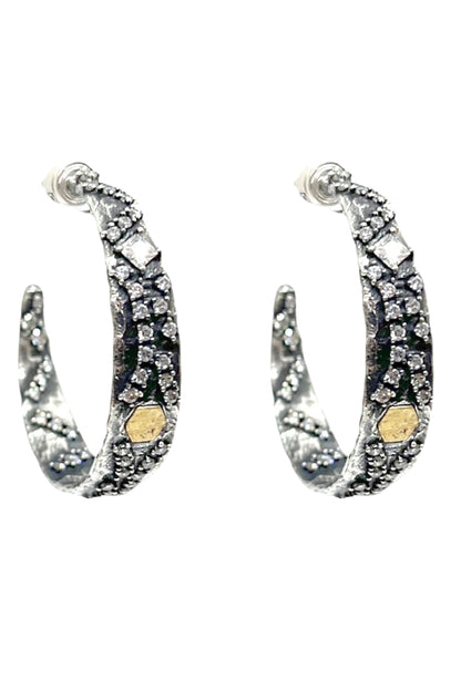 Vintage silver hoop earrings with textured pattern and dark inset stones