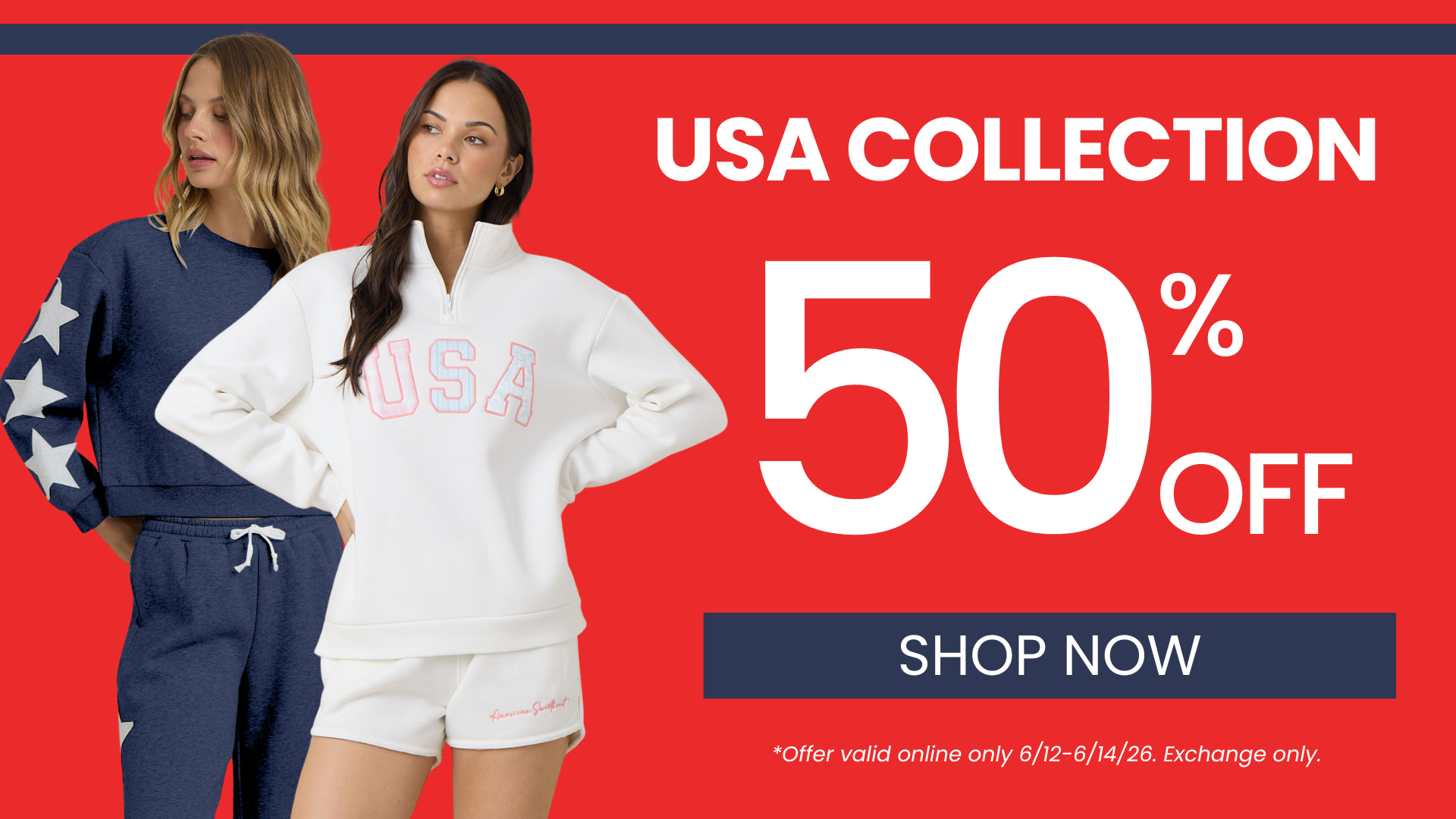 Two women wearing USA-themed clothing with a promotional banner for a 50% off sale on a red background.