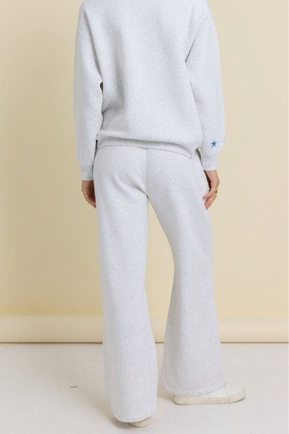 Ash grey wide-leg pants with star embroidery on leg, elastic waistband and hem