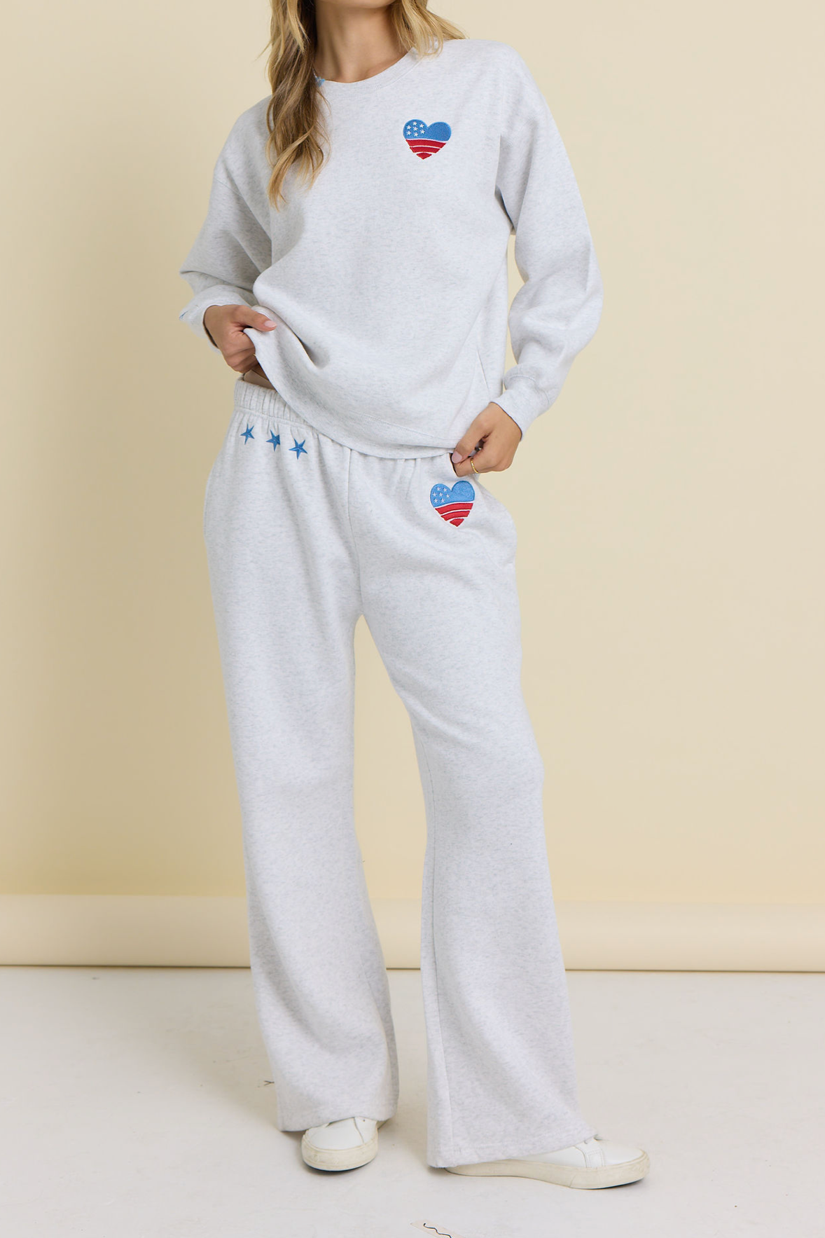 Ash grey wide-leg pants with USA embroidered patch at side, elastic waist
