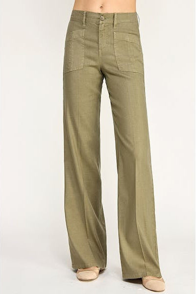 Olive green high-rise wide-leg pants with side slant pockets and button closure