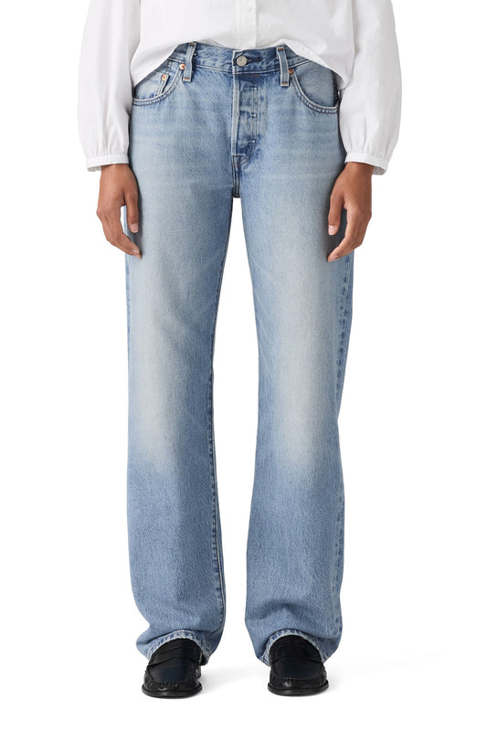 Light blue denim jeans with straight leg and button fly, front view