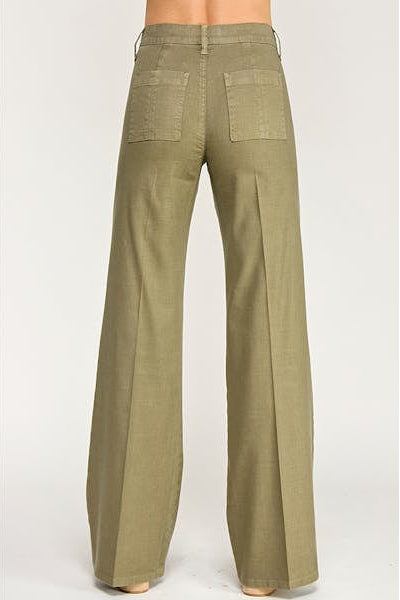 Olive green wide-leg pants with back patch pockets and belt loops