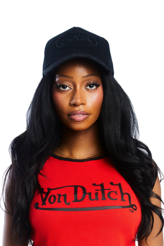 Woman wearing Von Dutch Clean Cut Trucker hat in black and a red and black Von Dutch tshirt 