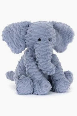 Medium plush elephant toy, grey with floppy ears and stitched eyes, seated