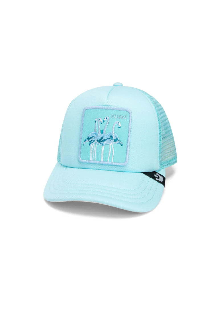 the lil squads kids trucker hat in light blue front view