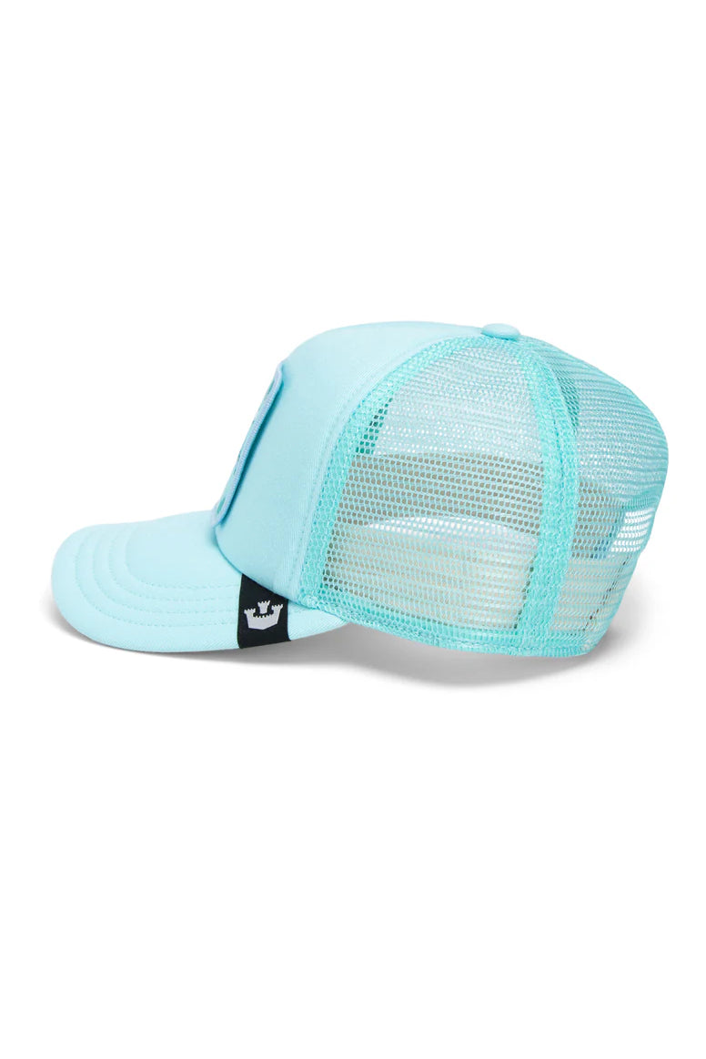 the lil squads kids trucker hat in light blue side view