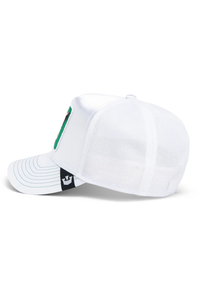 the not into yoga trucker in white side view