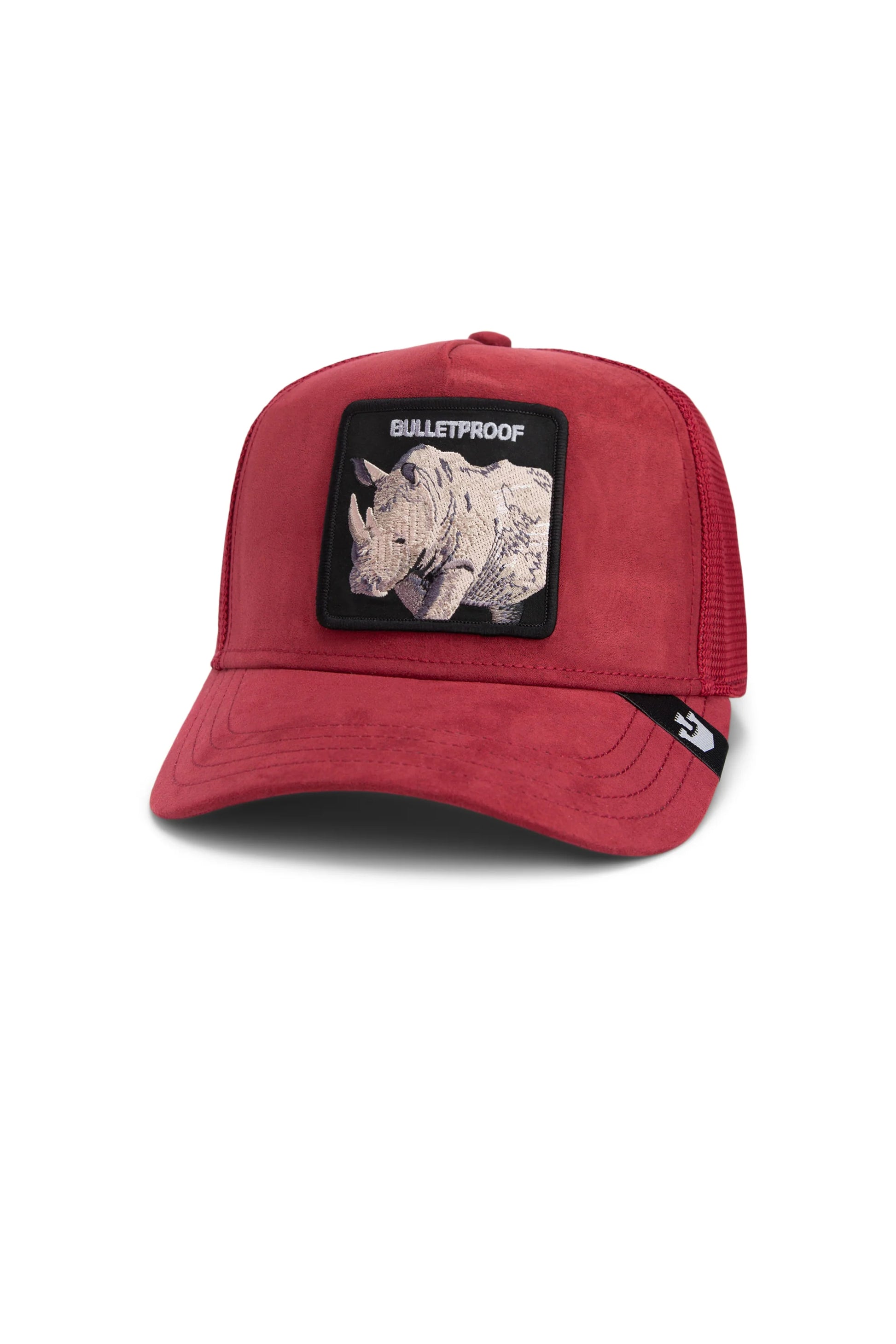 the suede rhino trucker hat in burgundy front view
