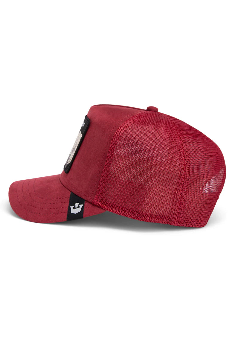 the suede rhino trucker hat in burgundy side view