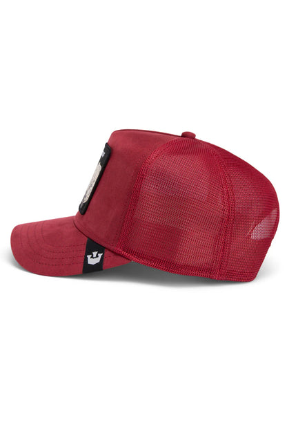 the suede rhino trucker hat in burgundy side view