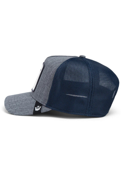 the suited champ trucker hat in navy side view