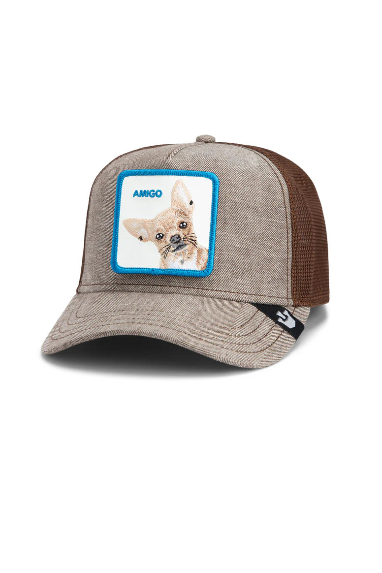 the suited friend trucker hat in brown front view