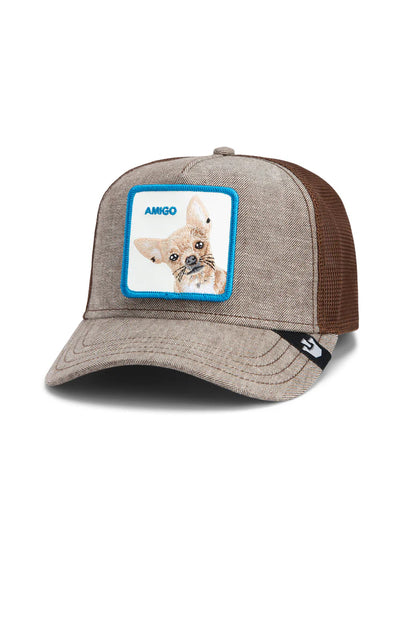 the suited friend trucker hat in brown front view