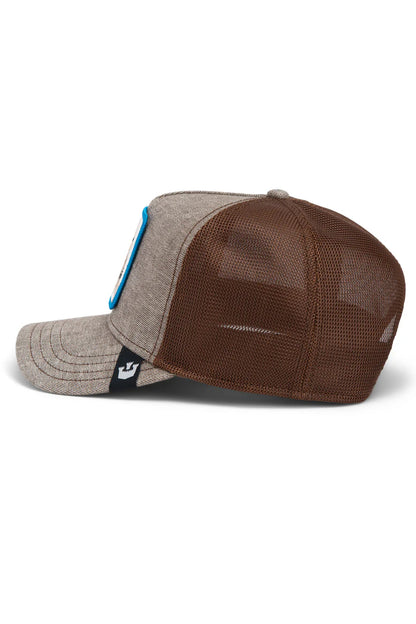 the suited friend trucker hat in brown side view