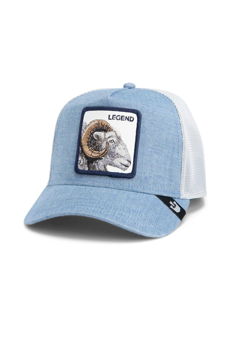 the suited legend trucker hat in blue front view