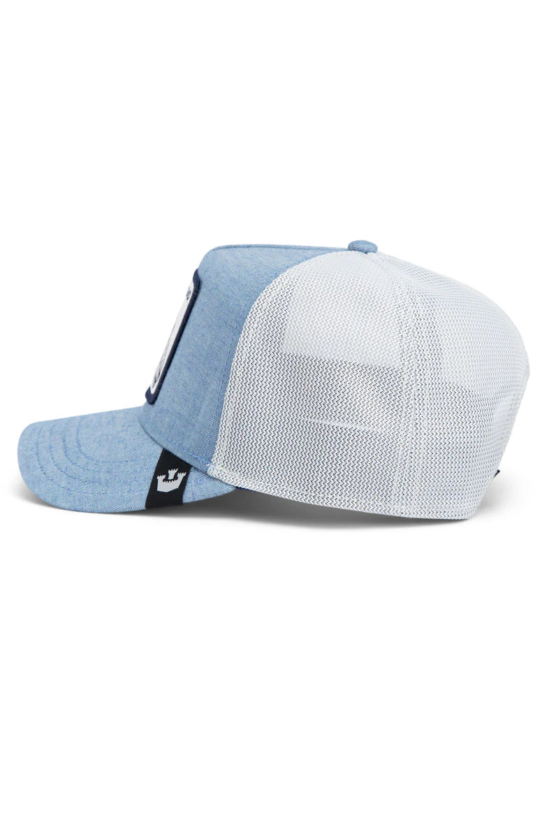 the suited legend trucker hat in blue side view